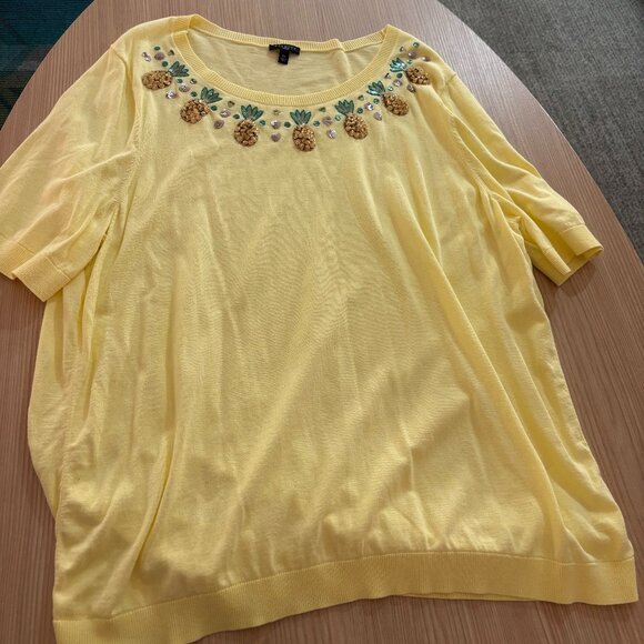 Talbots Woman Short Sleeve Sweater 2X Light Yellow Beaded Pineapple Cotton Rayon - Picture 1 of 3